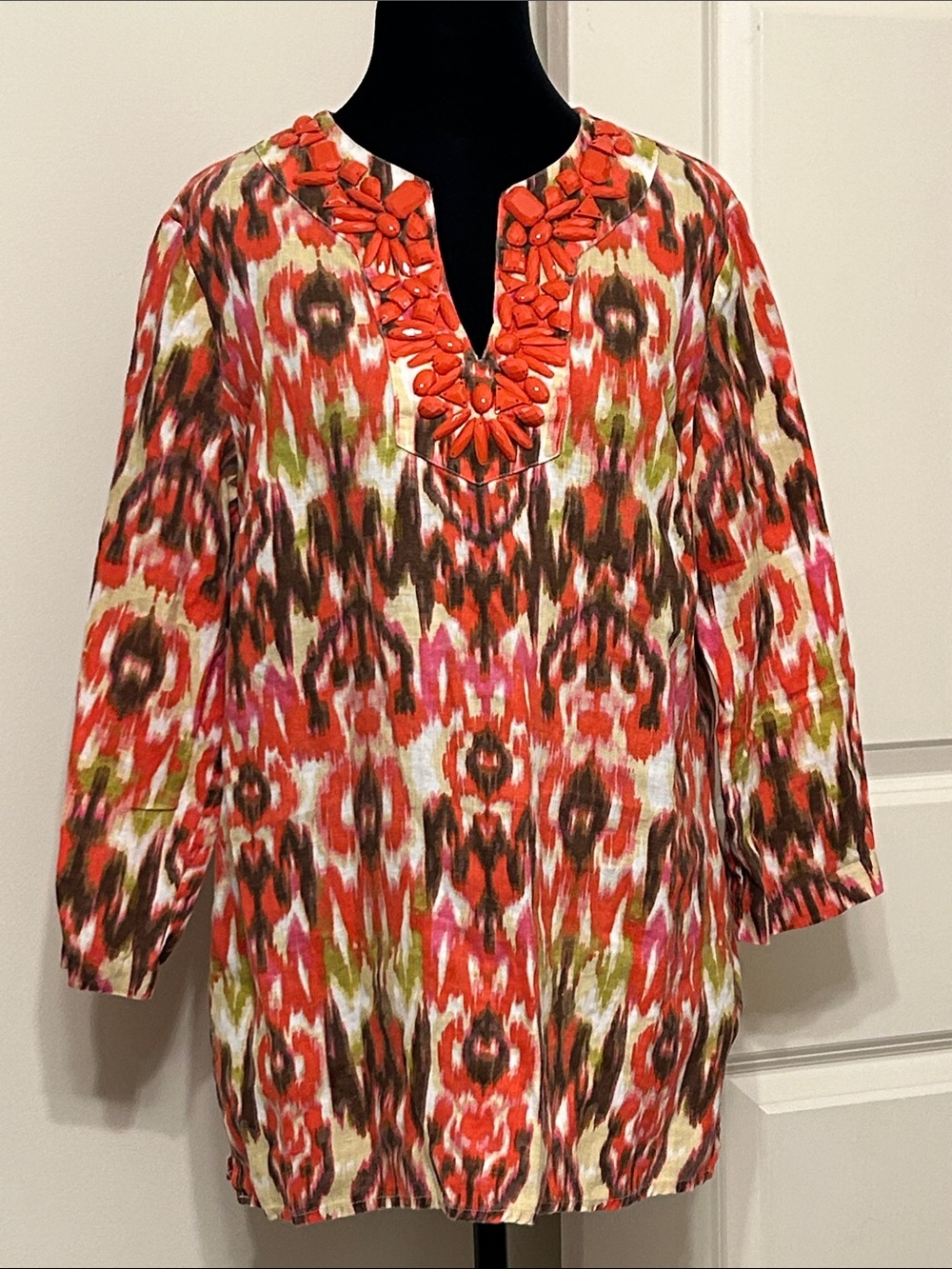 Jones New York Beaded Bright Orange & Coral Ikat Tunic Top